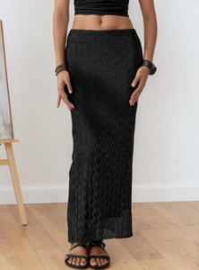 Elegant high-waisted black mesh lace maxi skirt with textured vertical knit patterns