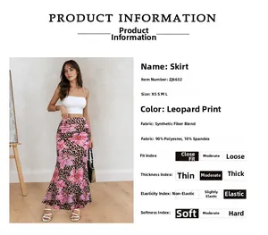 Detailed fabric chart for floral leopard print skirt showing material specs and size guide