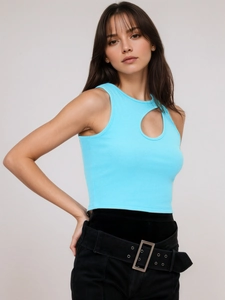 Close-up of light blue ribbed knit crop top with trendy drop-shaped shoulder cut-out detail