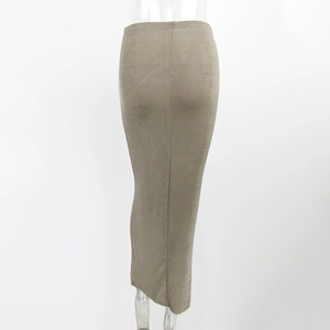 Detail view of olive brown high waist knit maxi skirt with sexy asymmetrical bodycon fit