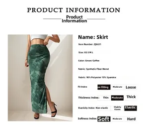 Detail view of green floral maxi skirt with side slit and fabric composition info