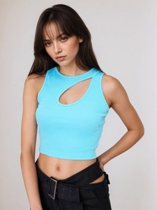 Sexy blue ribbed crop top with hollow design and asymmetric cutout for street style