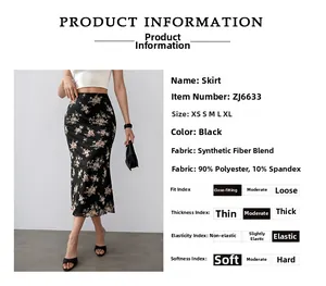 Detail view showing size chart and floral midi skirt material specs with elasticity