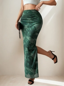 Deep green high waist maxi skirt with abstract marble pattern and side slit design