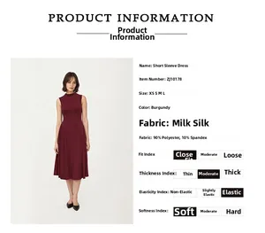 Detailed spec chart for wine red sleeveless dress showing fabric and slim fit details
