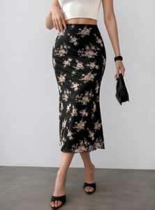 French Retro Women High Waist Floral Print Mermaid Midi Skirt Elegant Slim Fit Polyester Spandex Skirt For Daily Dating