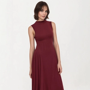 Detail of burgundy sleeveless knit dress showing the high neck and pleated skirt texture