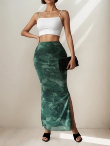 Detail view of high-waist green marble print maxi skirt with sexy side slit for women