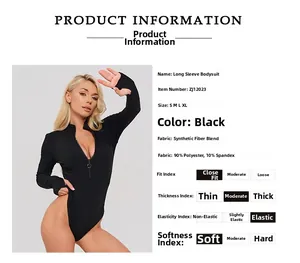 Detail of black ribbed long-sleeved bodysuit with high collar and half-zipper design