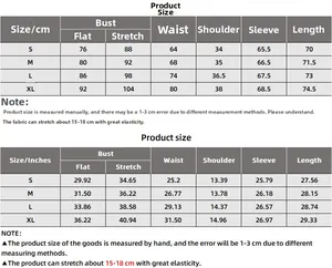 Detailed size chart for long sleeve bodysuit with measurements in centimeters and inches