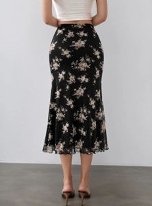 Elegant black floral midi skirt with slim fit mermaid hem and ruffle details for women