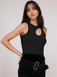 Slim fit black ribbed tank top with front oval cutout design and cropped waistline