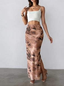 Women's 2025 summer set with white crop top and marble print high slit maxi skirt
