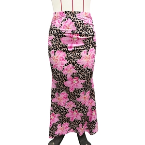 Detail of leopard print floral maxi skirt with ruching and fishtail hemline