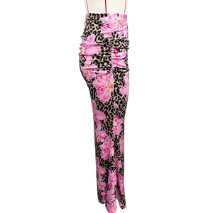 Detail of pink floral leopard print maxi skirt with flattering side ruching design