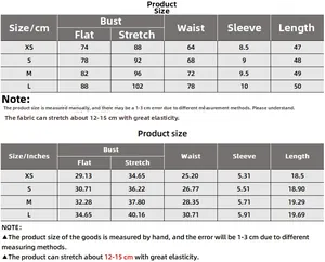 Detailed size guide table with CM and Inches for short sleeve slim fit crop top