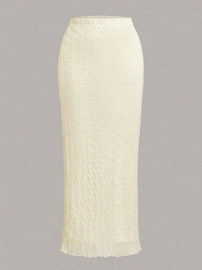Women's cream white jacquard midi skirt with high waist and wavy bubble mesh texture