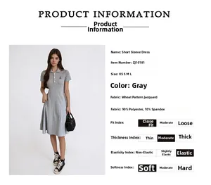 Détails d'une robe en maille grise à col polo avec texture épi et tableau des tailles
