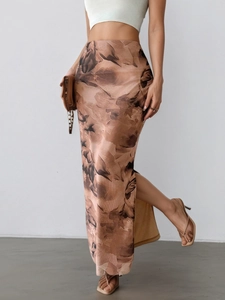 Women high waist printed maxi skirt with side slit and abstract brown floral pattern