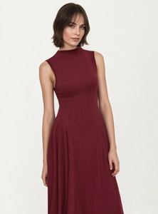 Women's Elegant Mock Neck Sleeveless Midi Dress Sexy Wine Red A-Line Pleated Hem Stretchy Milk Silk Commuter Long Dress