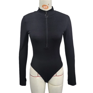 Close-up of black bodysuit featuring half-zip high collar and thumbhole sleeve detail