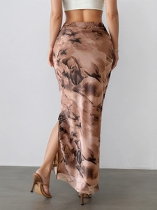 Satin floral long skirt with side slit, slim fit abstract print maxi skirt for women