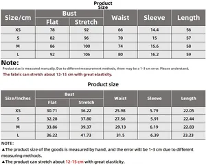 Detailed size chart in cm and inches for slim fit short sleeve T-shirt with high elasticity