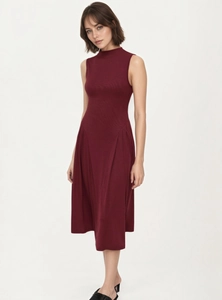 Elegant burgundy sleeveless high-neck knit A-line maxi dress with pleated skirt detail