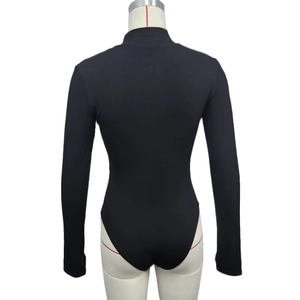Close-up of black long sleeve bodysuit featuring a high neck and ribbed knit texture