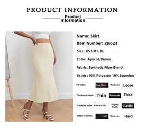 Detailed size guide and material specs for the elegant apricot high-waist mermaid skirt