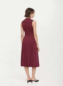 Elegant burgundy sleeveless midi dress with a high neck and pleated A-line skirt