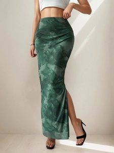 Women Sexy Side Slit High Waist Midi Skirt Abstract Print Bodycon Pencil Skirt Polyester Spandex Summer Fashion Elegant Skirt