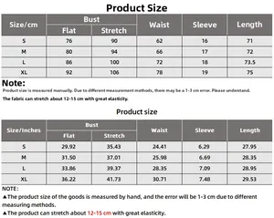 Detailed size chart for body suit showing measurements in cm and inches for S-XL sizes