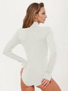 Rear view of white long-sleeve bodysuit featuring a high-neck design and tight fit