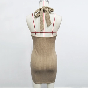 Detailed back view of khaki halter bodycon dress with ribbon bow and ribbed knit texture