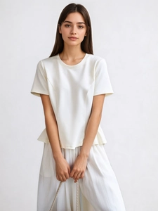 Women Elegant Short Sleeve Pullover T-Shirt Ruffle Hem Chemical Fiber Blend White Round Neck Slim Fit Basic Top Casual Clothing