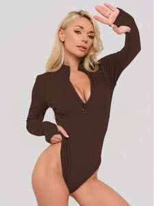 Detail of dark brown ribbed bodysuit featuring half-zip collar and circular metal puller