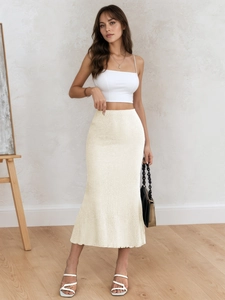 Elegant Fishtail Maxi Skirt Women High Waist Slim Fit Solid Color Jacquard Textured Bodycon Long Skirt Evening Party Wear