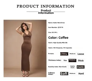 Coffee halter maxi dress details including sizing chart and fabric material information