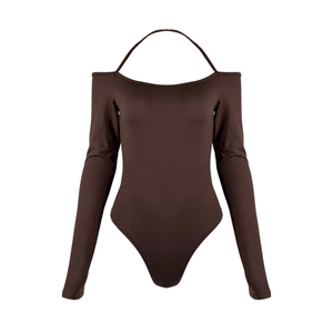 Detail of dark brown off-shoulder bodysuit with halter strap and elastic fabric