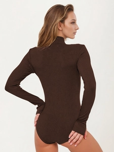 Brown long-sleeve ribbed knit bodysuit with high collar and slim fit silhouette