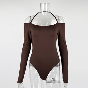 Detailed view of brown long sleeve bodysuit with halter neck and off-shoulder cut