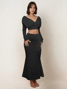 Women's Casual High Waist Solid Color Pleated Maxi Skirt Slim Fit Wave Texture Fishtail Hip Skirt Elegant Long Bottoms
