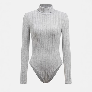 Detailed view of grey ribbed knit long sleeve bodysuit with a high turtleneck design