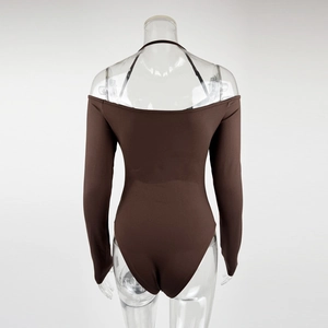 Detail view of the chocolate brown bodysuit featuring halter neck and off-shoulder long sleeves