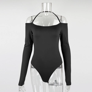 Close-up of black off-the-shoulder halter bodysuit with elastic knit long sleeves