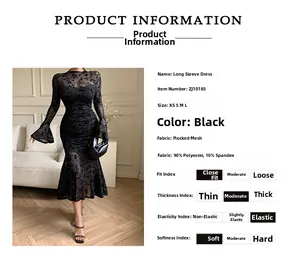Detail of flocking mesh fabric on a black fishtail dress with bell sleeves and sheer patterns