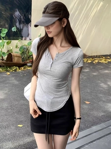 Women Sexy Sexy Henley Neck T-Shirt American High Street Slim Fit Short Sleeve Button Up Ribbed Top Summer Casual Tee