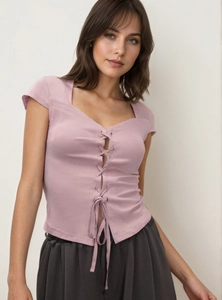 Pink slim-fit ribbed crop top with lace-up tie front and square neckline for women