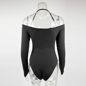 Rear view of black off-shoulder halter bodysuit with long sleeves and slim fit design